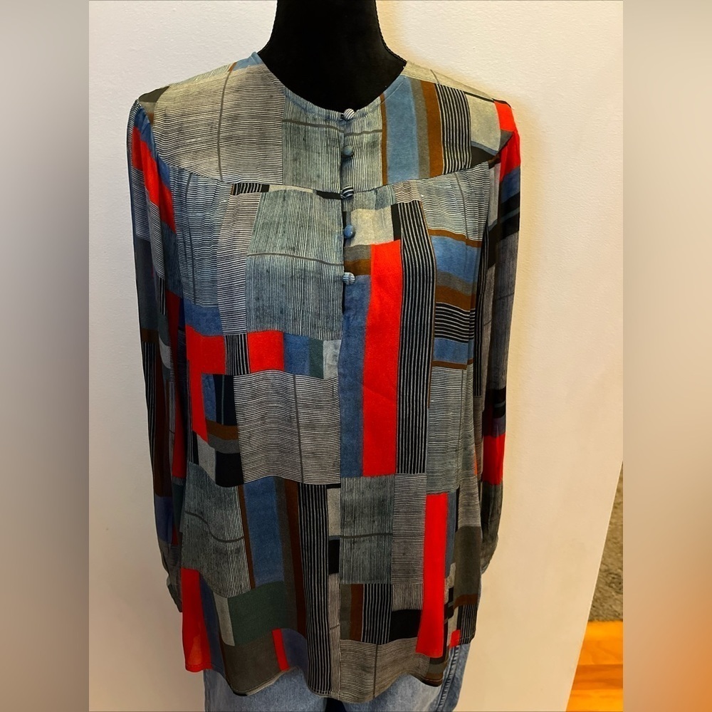 Anthropologie Conditions Apply Tunic, size S, multicolor square print, pockets‌‍